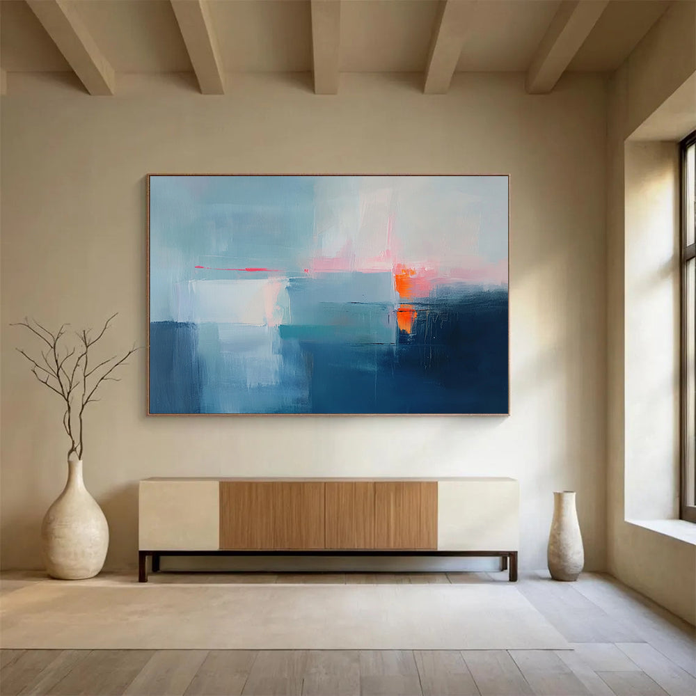 “Subtle Abstract Horizon in Blue” - Blue, white, pink, orange; Subtle abstract horizon with soft colors; Acrylic Painting On Canvas HB1274