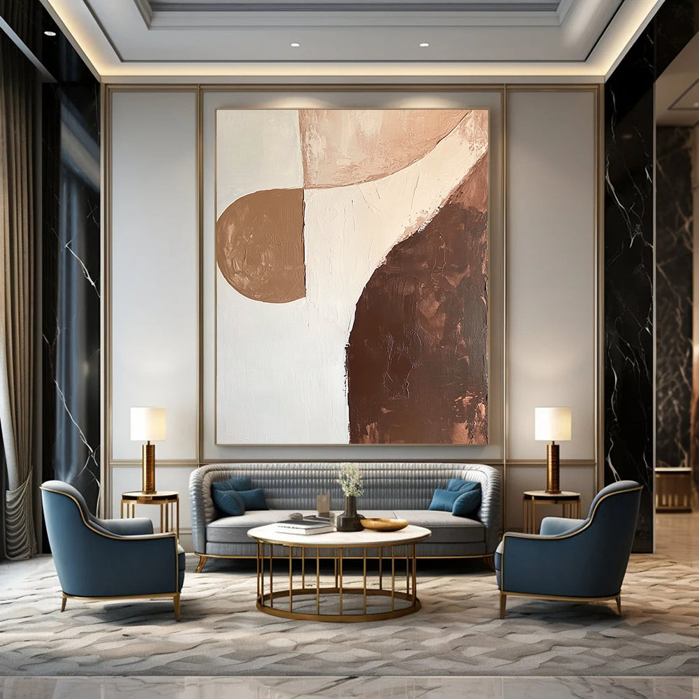Contemporary abstract artwork featuring organic shapes in brown and white with soft edges and minimalist design, emphasizing fluid lines and canvas texture. DLZ0997