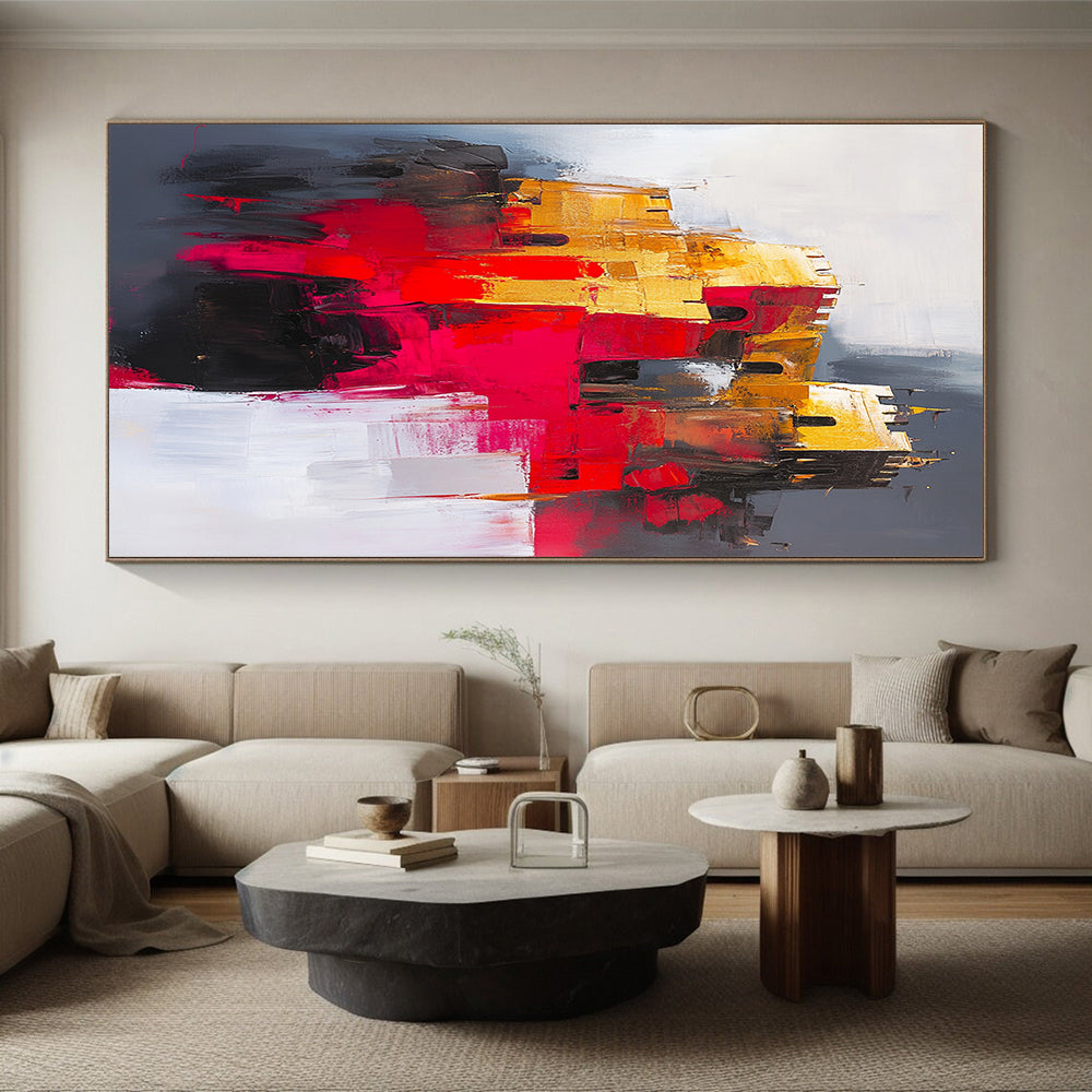 Gold, Red, Gray, White, Abstract Castle "Gilded Fortress" Abstract Impressionist Painting On Canvas HB144
