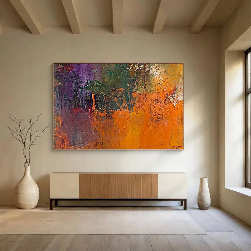 “Vibrant Textured Abstract” - Purple, Green, Orange with Thick Impasto - Painting On Canvas HB1394