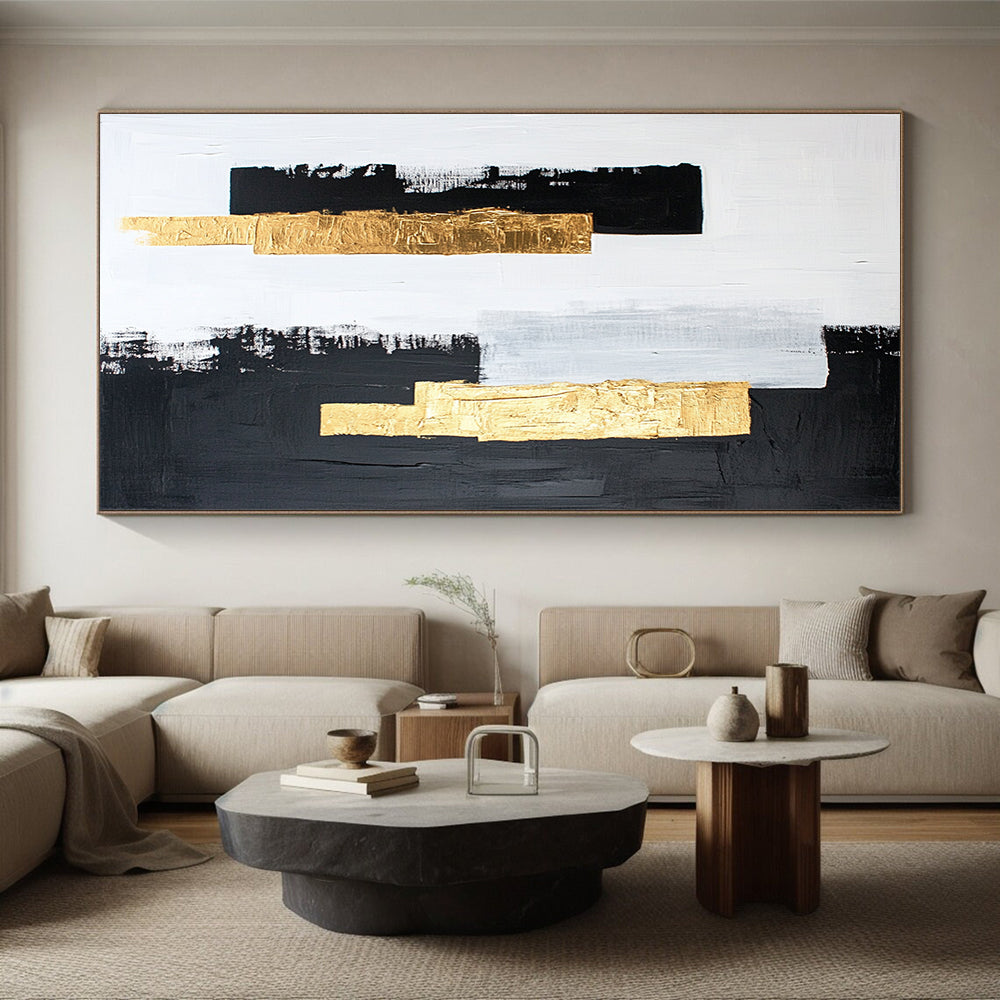 Black, White, Gray, Gold, Vertical Strokes "Gilded Simplicity" Abstract Minimalist Painting On Canvas HB148