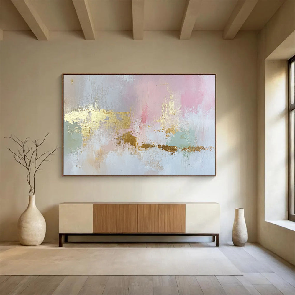 “Blush and Gold Elegance” - Pink, Gold, Gray, Green, Soft Textures - Abstract Minimalist - Inspired Acrylic Painting HB1554