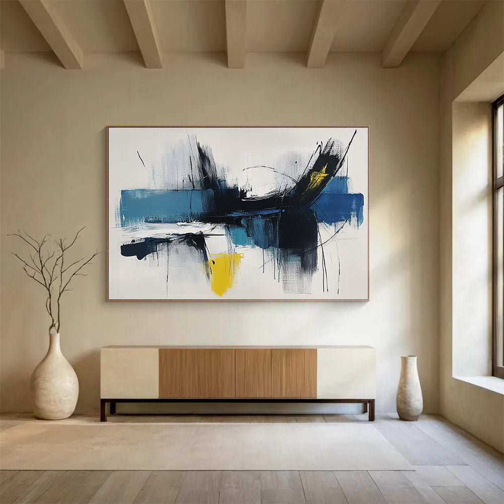 “Dynamic Blue - Black Strokes” - Blue, Black, Yellow, Expressive Brushstrokes - Abstract Expressionist Acrylic Painting HB1519