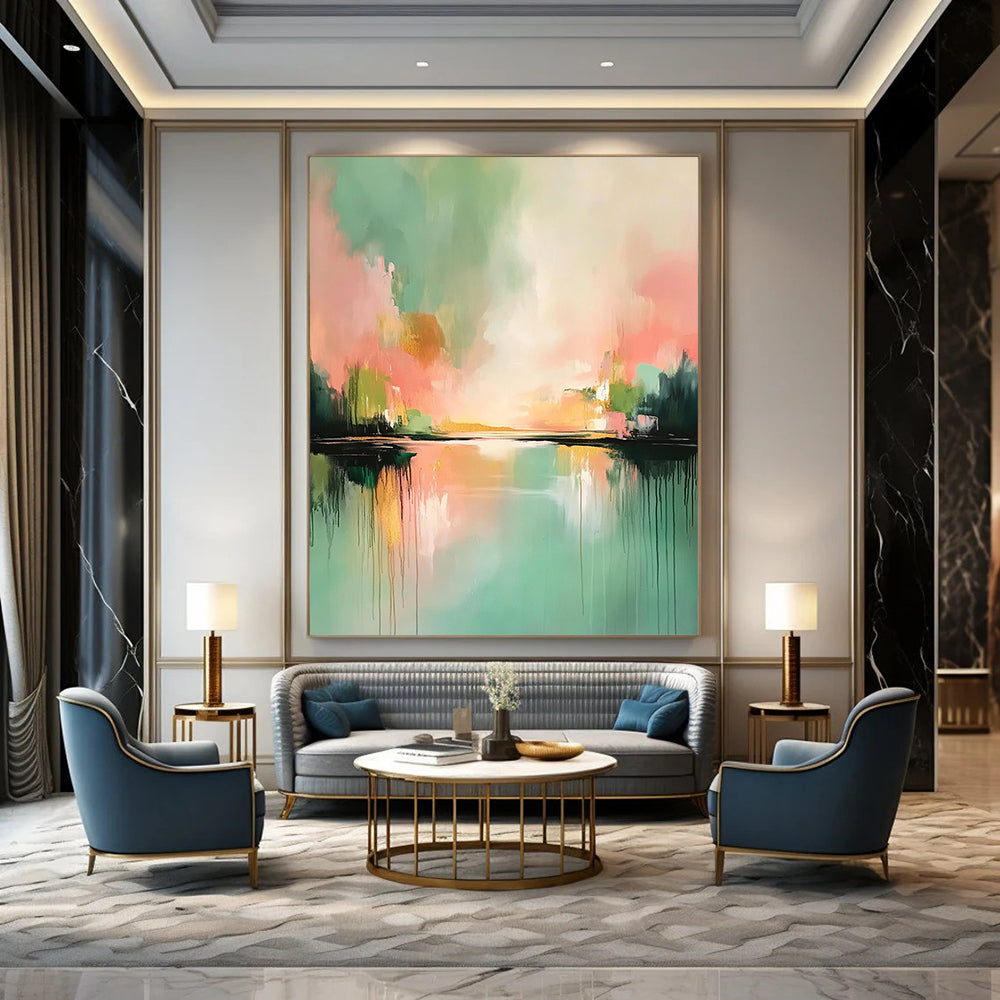 Contemporary abstract painting featuring soft pinks and greens with reflections on water atmospheric clouds and light gold highlights. DLZ0407