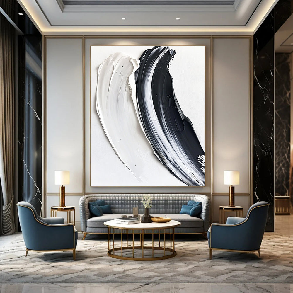 Contemporary hand-painted abstract artwork featuring two textured brushstrokes in black and white against a pure white background, creating a striking visual contrast. DLZ1230