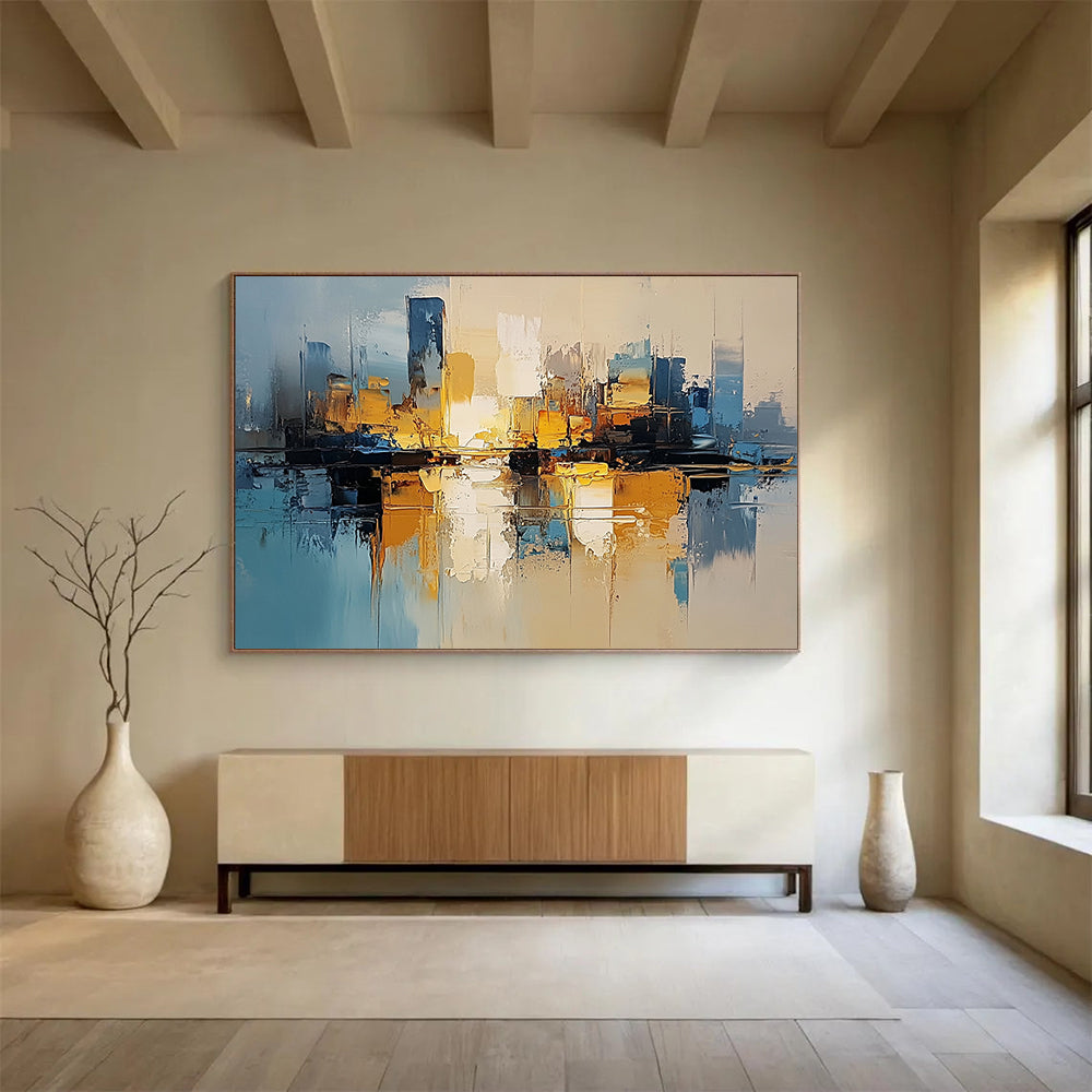 “Golden Skyline” - Blues, golds, whites; Abstract cityscape glowing at dusk; Impasto Oil Painting On Canvas HB1180