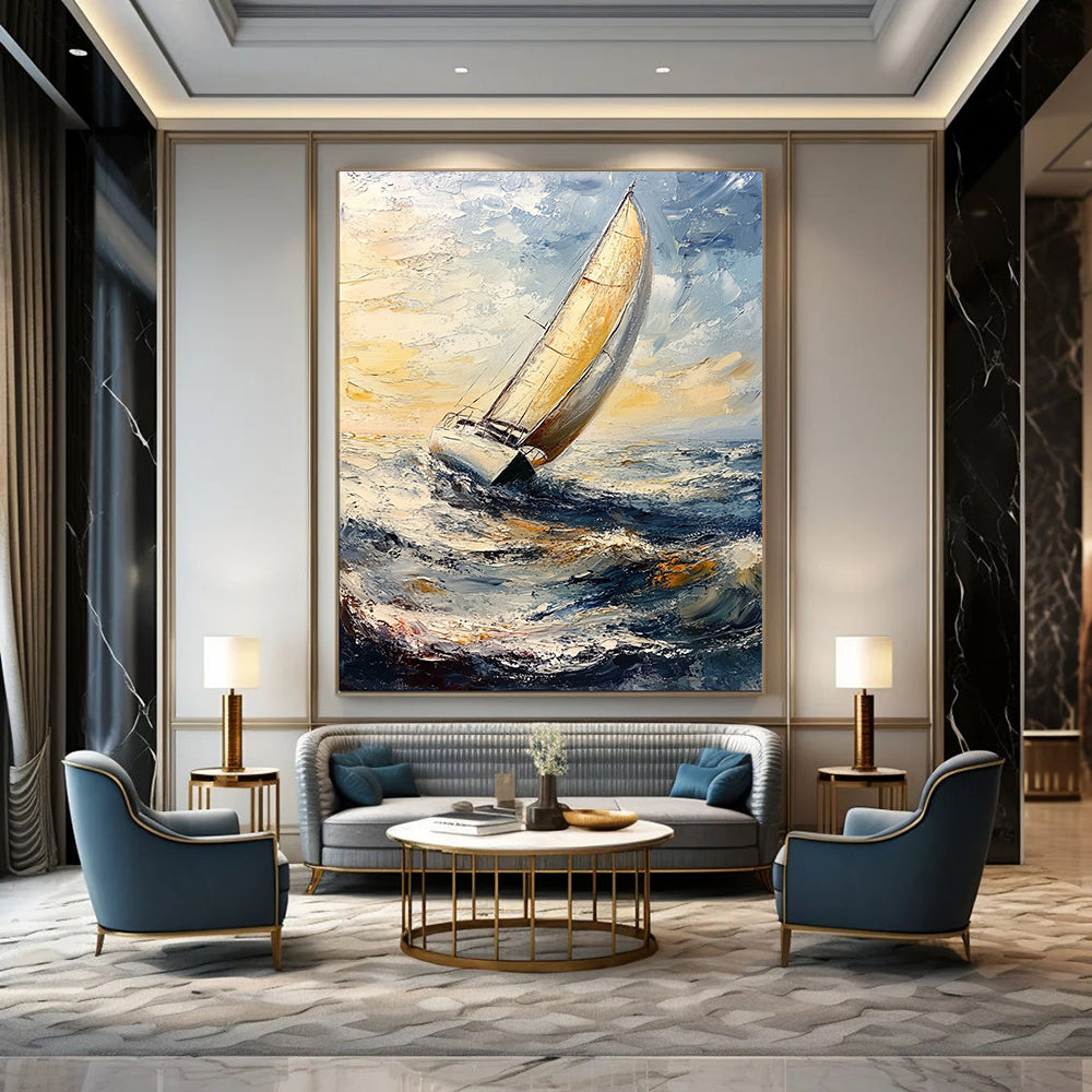 Contemporary impasto artwork depicting graceful sailboats under clear skies, featuring thick brush strokes and canvas texture, ideal for enhancing any space. DLZ1269