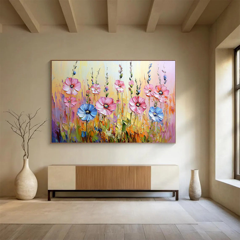“Vibrant Wildflower Field” - Pinks, Blues, Yellows, Lively Wildflower Meadow - Impasto Oil Painting HB1718