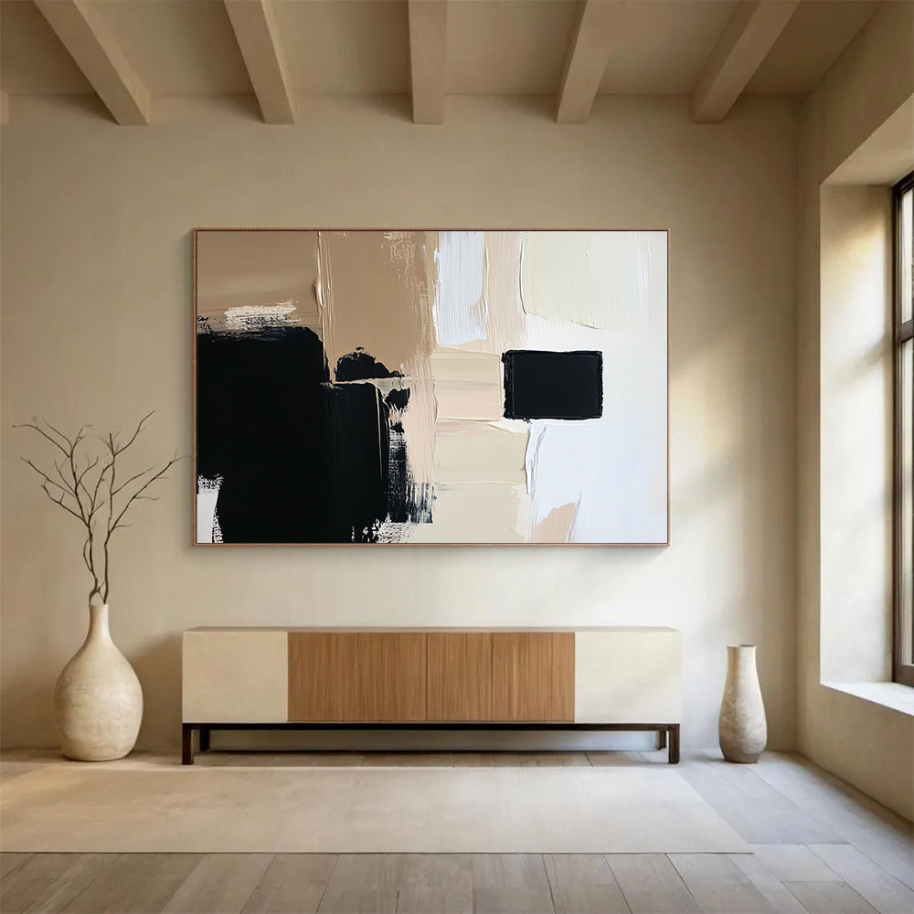 “Neutral Geometric Layers” - Beiges, Blacks, Whites, Abstract Geometric Shapes - Acrylic Painting HB1624