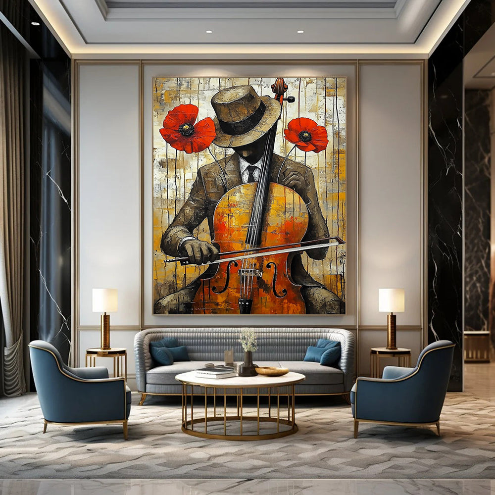 Contemporary abstract art featuring a cello player in vibrant yellow red and brown with dripping paint effect and urban background showcasing heavy brush strokes. DLZ1304