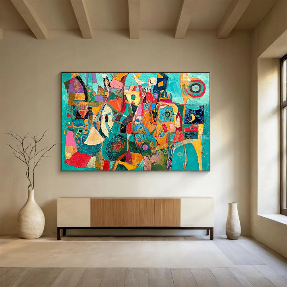 Vibrant Teal and Colorful Abstract Shapes - “Teal Carnival” Painting On Canvas HB1458