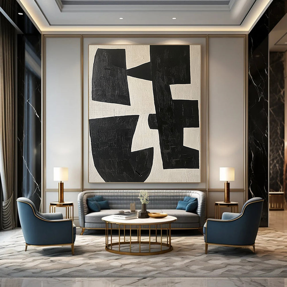 Large contemporary abstract painting featuring black and white shapes on a light beige background highlighting geometric forms and elegant movement. DLZ0509