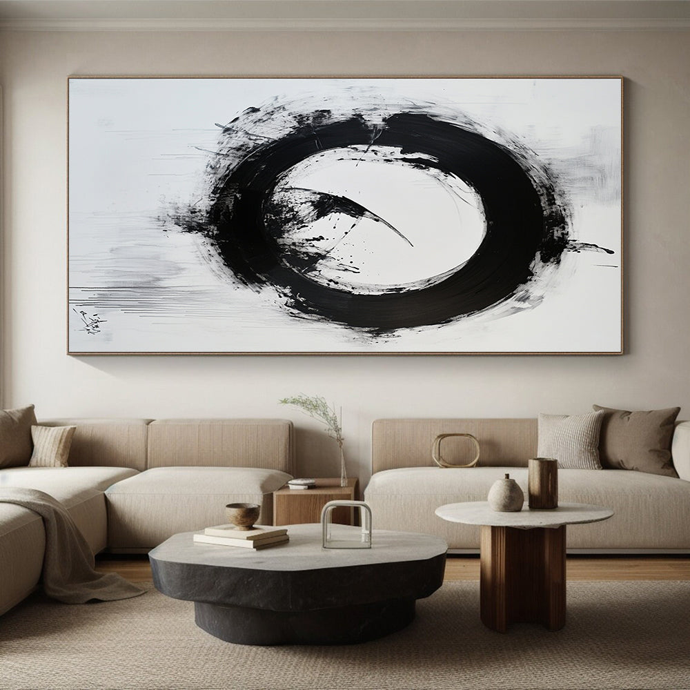 Black and White Textured Circle "Rough Enlightenment" Painting On Canvas HB265