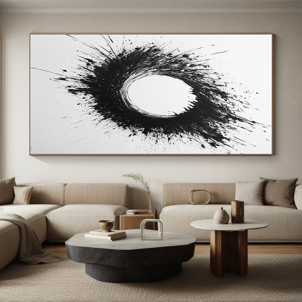 Black and White Splattered Circle "Chaotic Zen" Painting On Canvas HB287