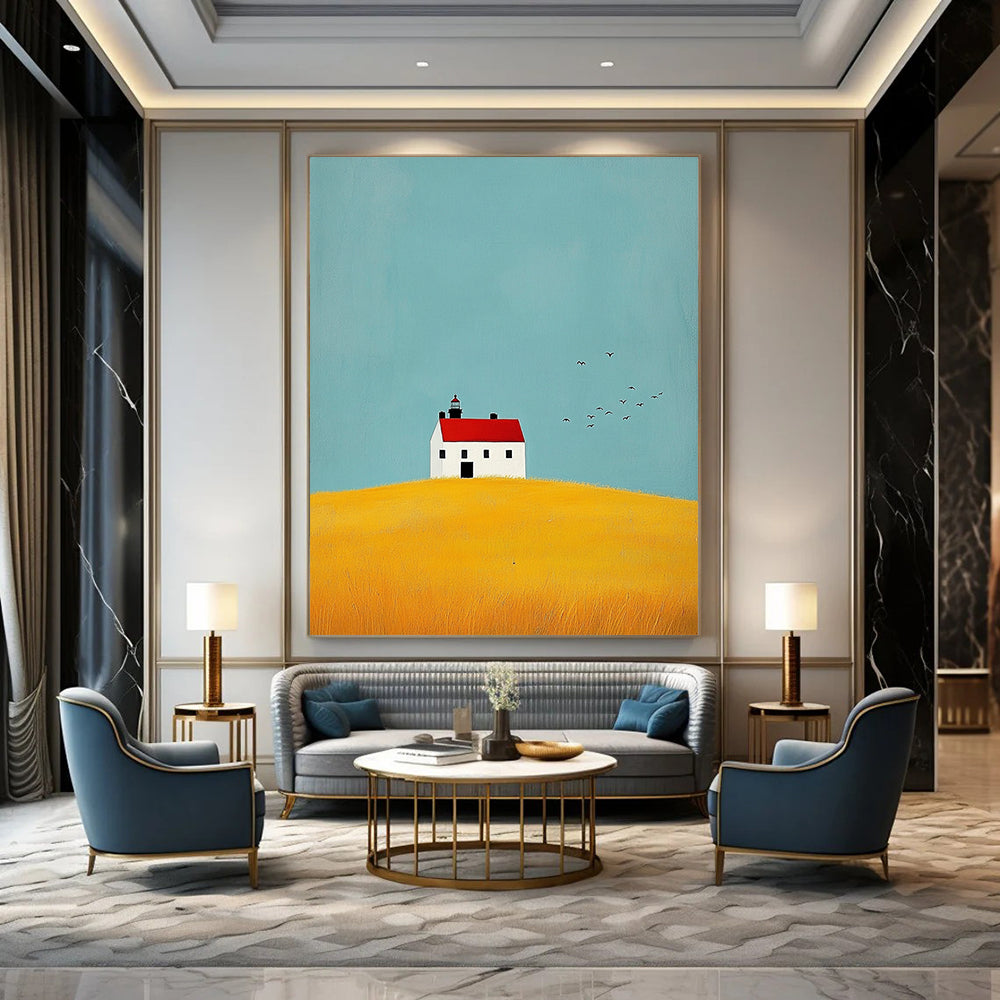 Contemporary abstract art showcasing a lighthouse, yellow fields, birds, and a white house with a red roof, conveying calmness and serenity. DLZ1298