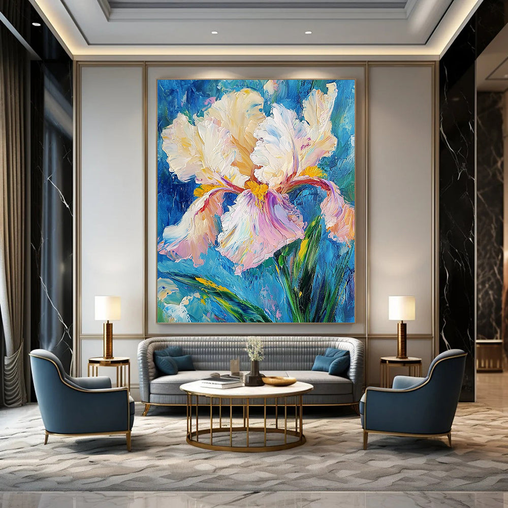 Contemporary abstract art featuring an iris flower with thick impasto brush strokes in white and pink, yellow hints, and teal green leaves against a blue background. DLZ1671