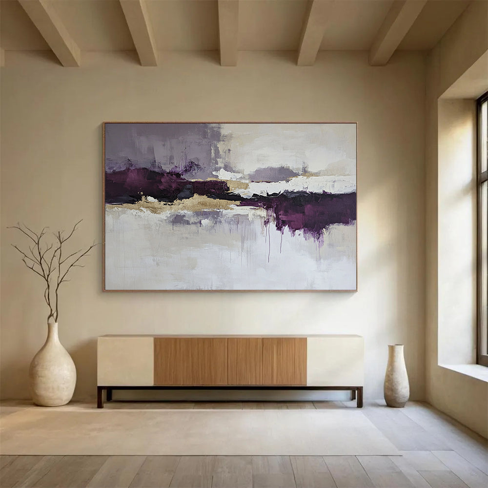 “Purple Gold Reflection” - Purple, gray, gold, white; Abstract reflection with gold; Acrylic Painting On Canvas HB1214