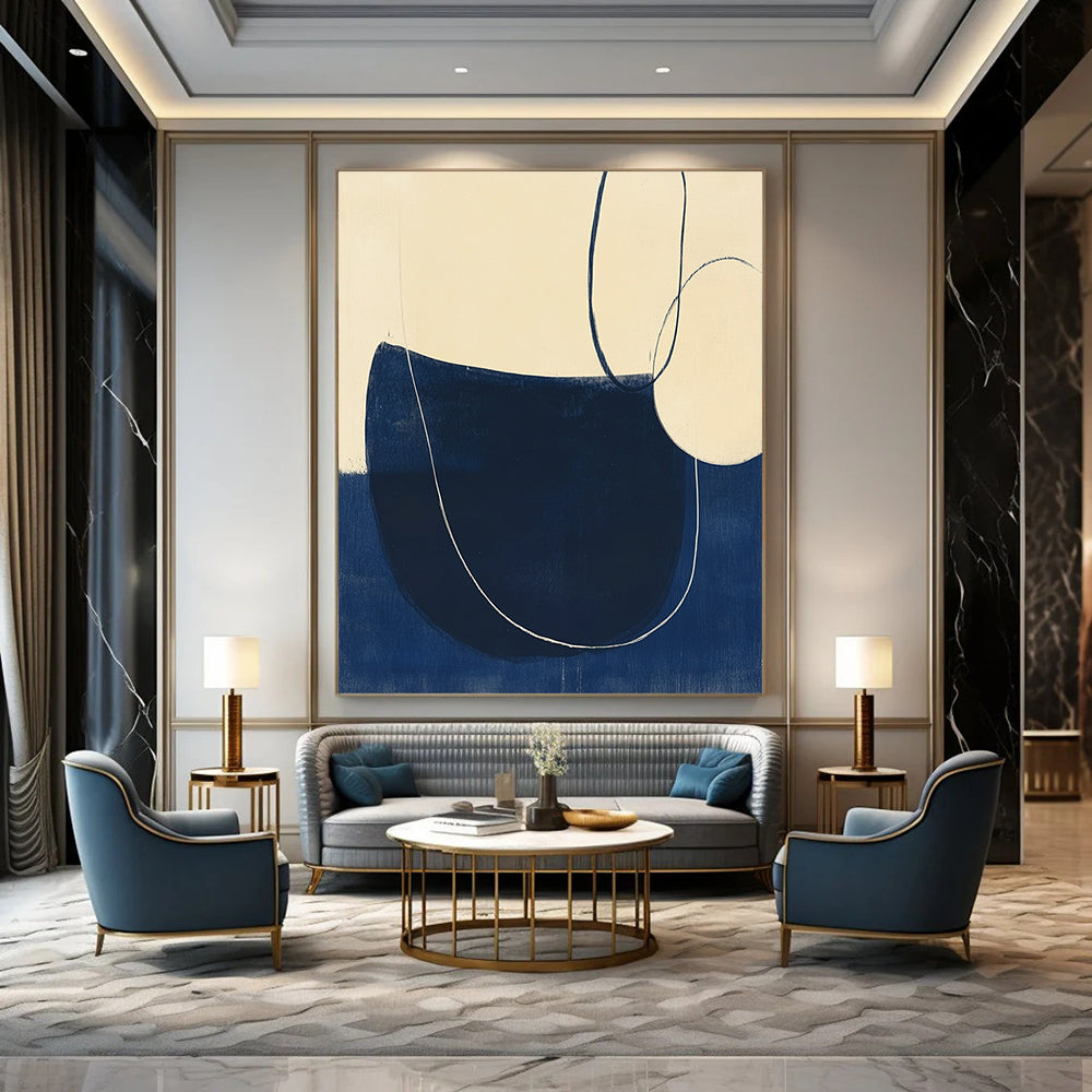 Contemporary hand-painted abstract artwork featuring minimalist line drawings, elegant curves, and a navy blue and cream palette in woodblock print style. DLZ1633
