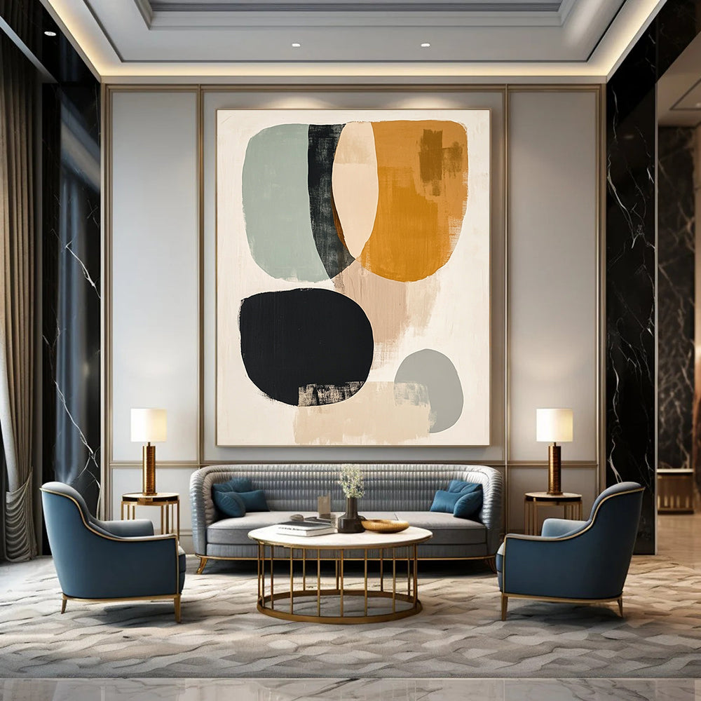 Contemporary hand-painted abstract art featuring muted colors black lines pale yellow circle sage green oval burnt sienna half-circles and gray circle on a white background. DLZ0799