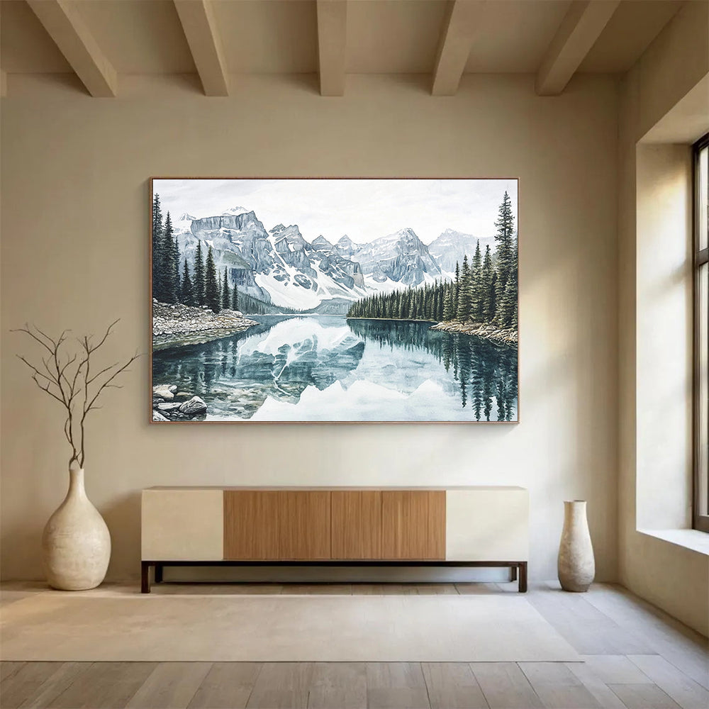 “Realistic Mountain Lake” - Blue, Gray, Mountain, Lake Painting On Canvas HB0763