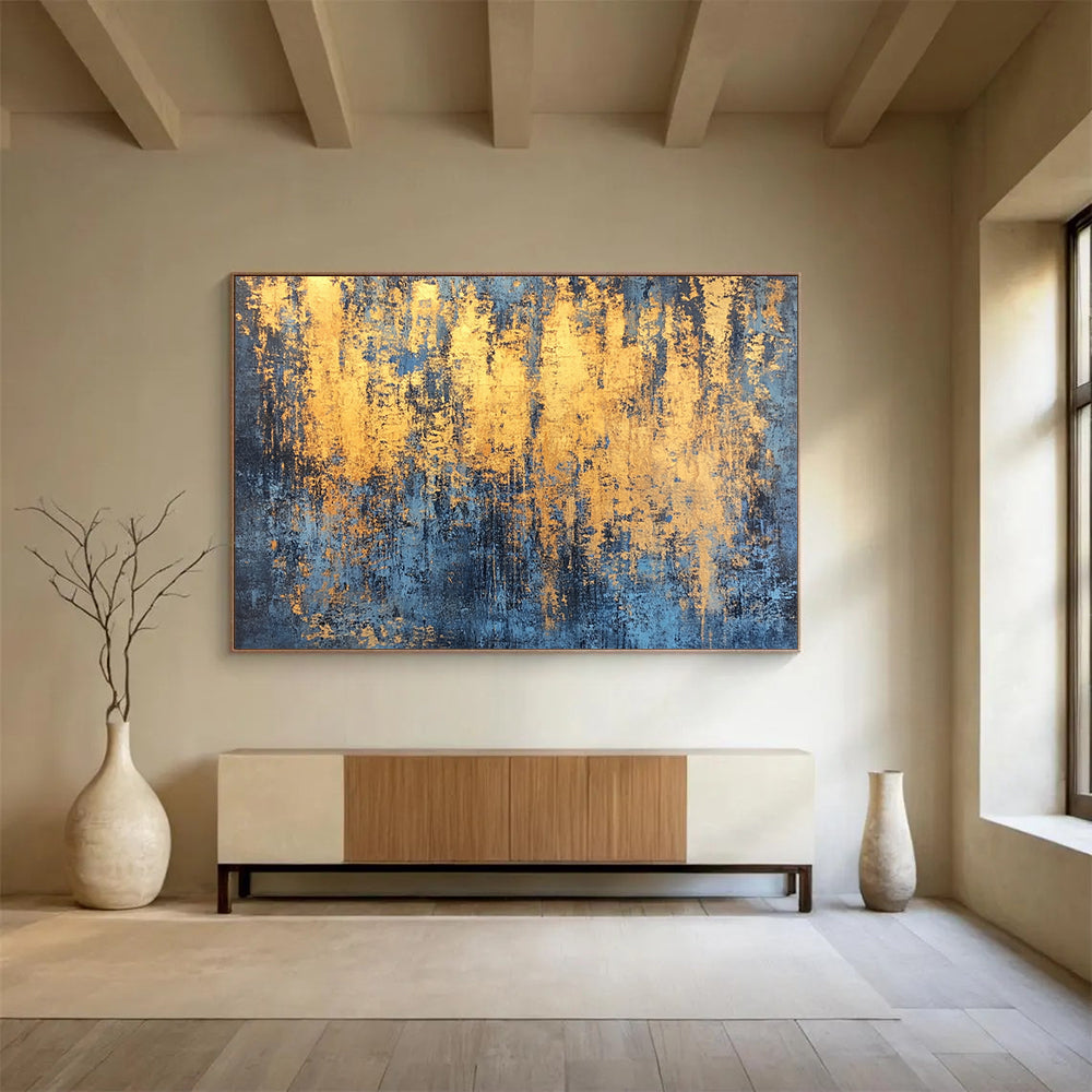“Gold - Streaked Blue Texture” - Blue, Gold, Abstract Textured Painting On Canvas HB1000