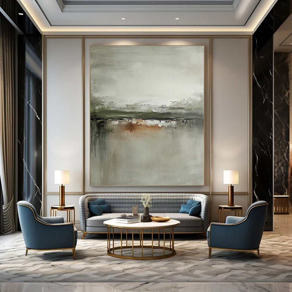 Large contemporary hand-painted abstract art featuring neutral tones grays and sage green with distressed edges on canvas. DLZ0439
