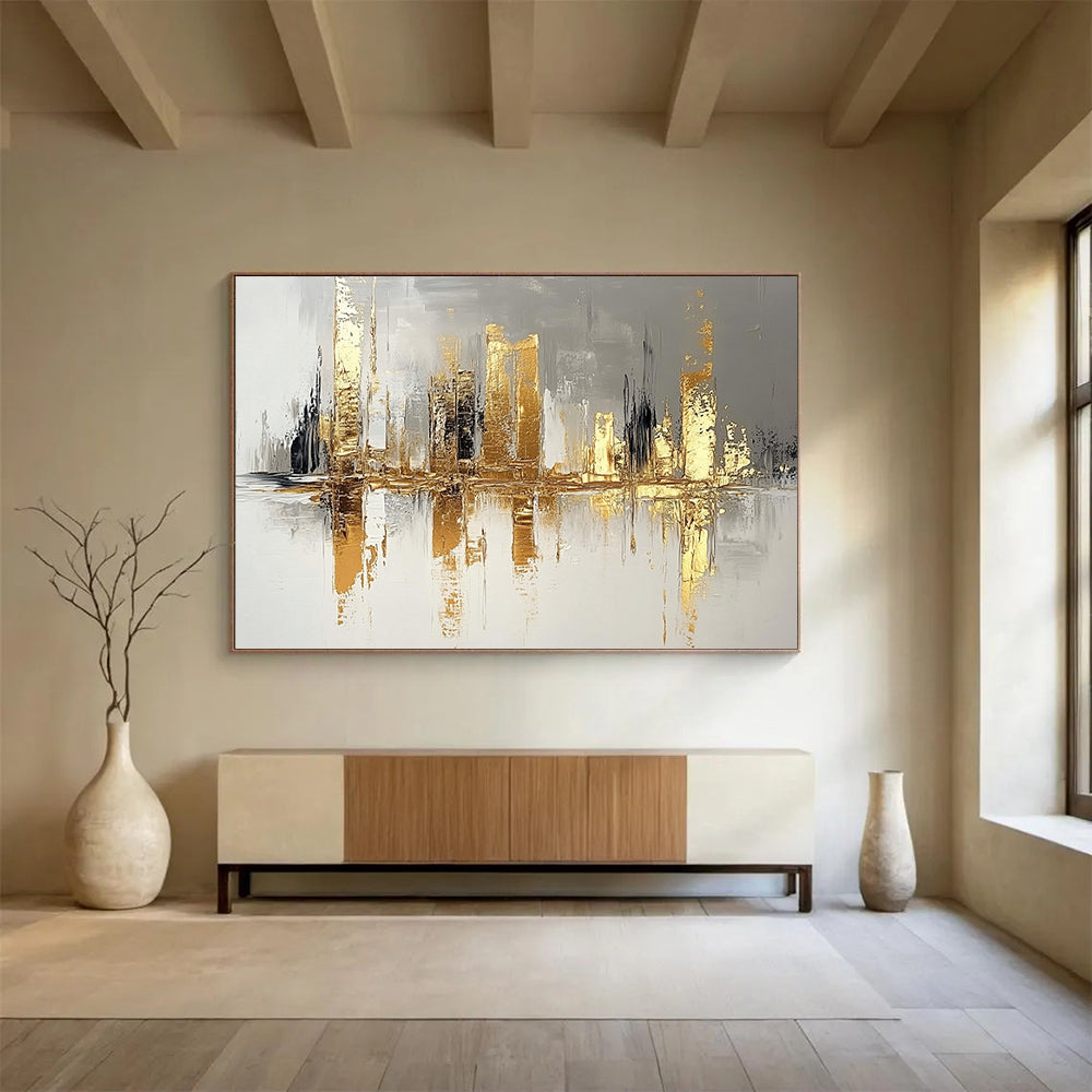 “Gilded Metropolis Reflection” - Gold, Gray, White, Abstract Cityscape with Water Reflections Painting On Canvas HB1084