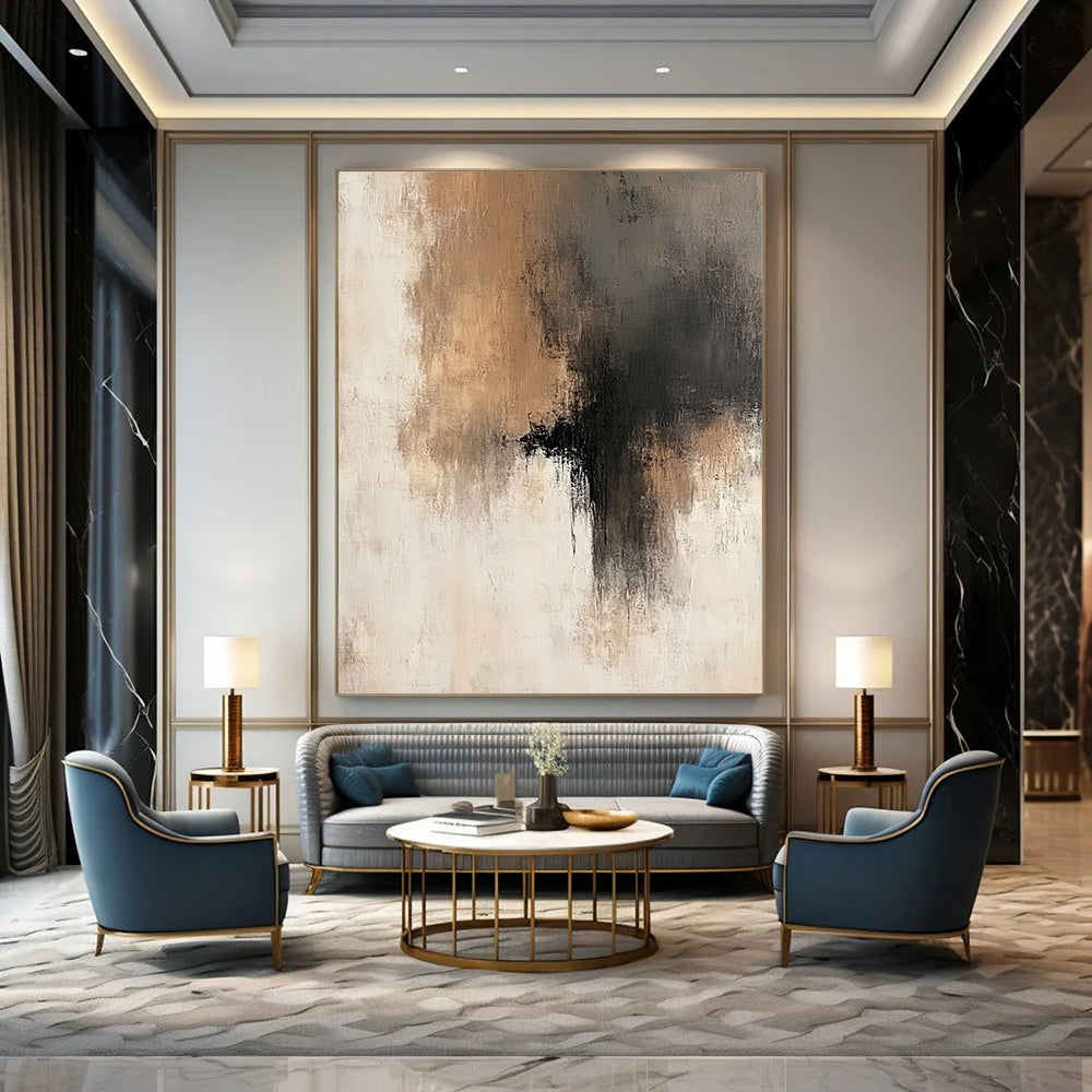Large contemporary hand-painted abstract artwork featuring soft brush strokes in neutral tones of beige gray and brown accents with a serene neutral background. DLZ0440