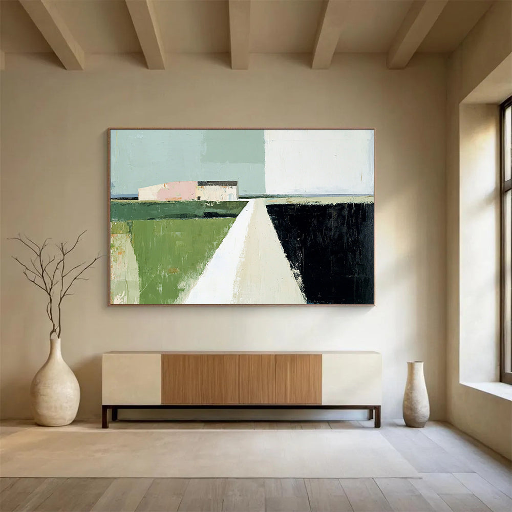 Green, Pink, Blue and Black Minimalist Landscape "Quiet Path" Painting On Canvas HB0658