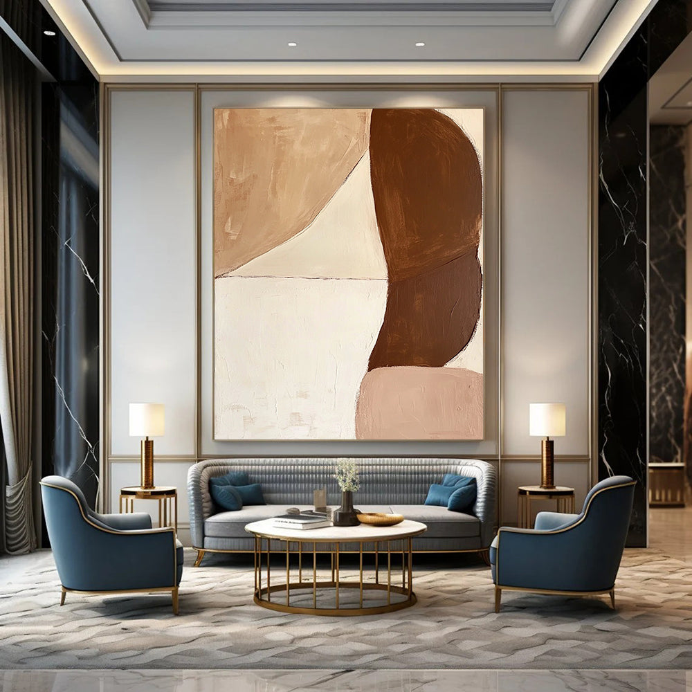 Large contemporary hand-painted abstract art featuring brown and white shapes with contrasting soft curves and bold forms for a dynamic composition. DLZ0639