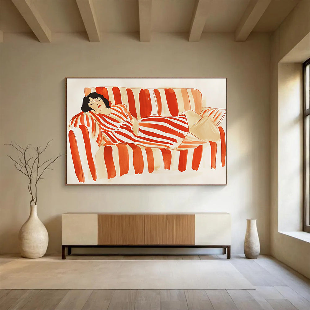 “Woman Resting on Striped Sofa” - Red, White, Figurative, Lifestyle Painting On Canvas HB0778