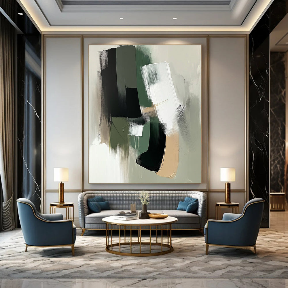 Contemporary abstract painting featuring minimalist shapes in sage green and white with black accents and bold brushstrokes for a modern aesthetic. DLZ0435
