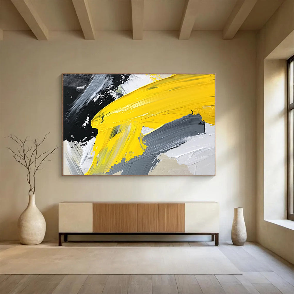 “Yellow - Gray Layered Abstraction” - Yellow, Gray, White, Textured Color Blocks - Acrylic Painting HB1627