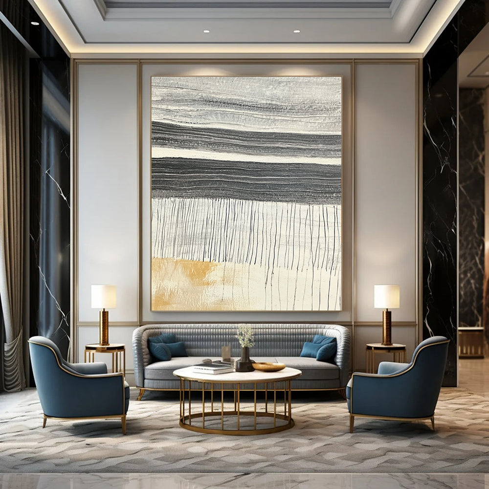 Contemporary abstract artwork showcasing textured stone slabs with dark gray horizontal ridges against a light gray background highlighting vibrant yellow chalk strokes. DLZ1224