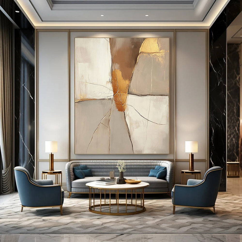 Contemporary hand-painted abstract artwork featuring a beige background with golden cracks and neutral tones in brown and gold. DLZ0290