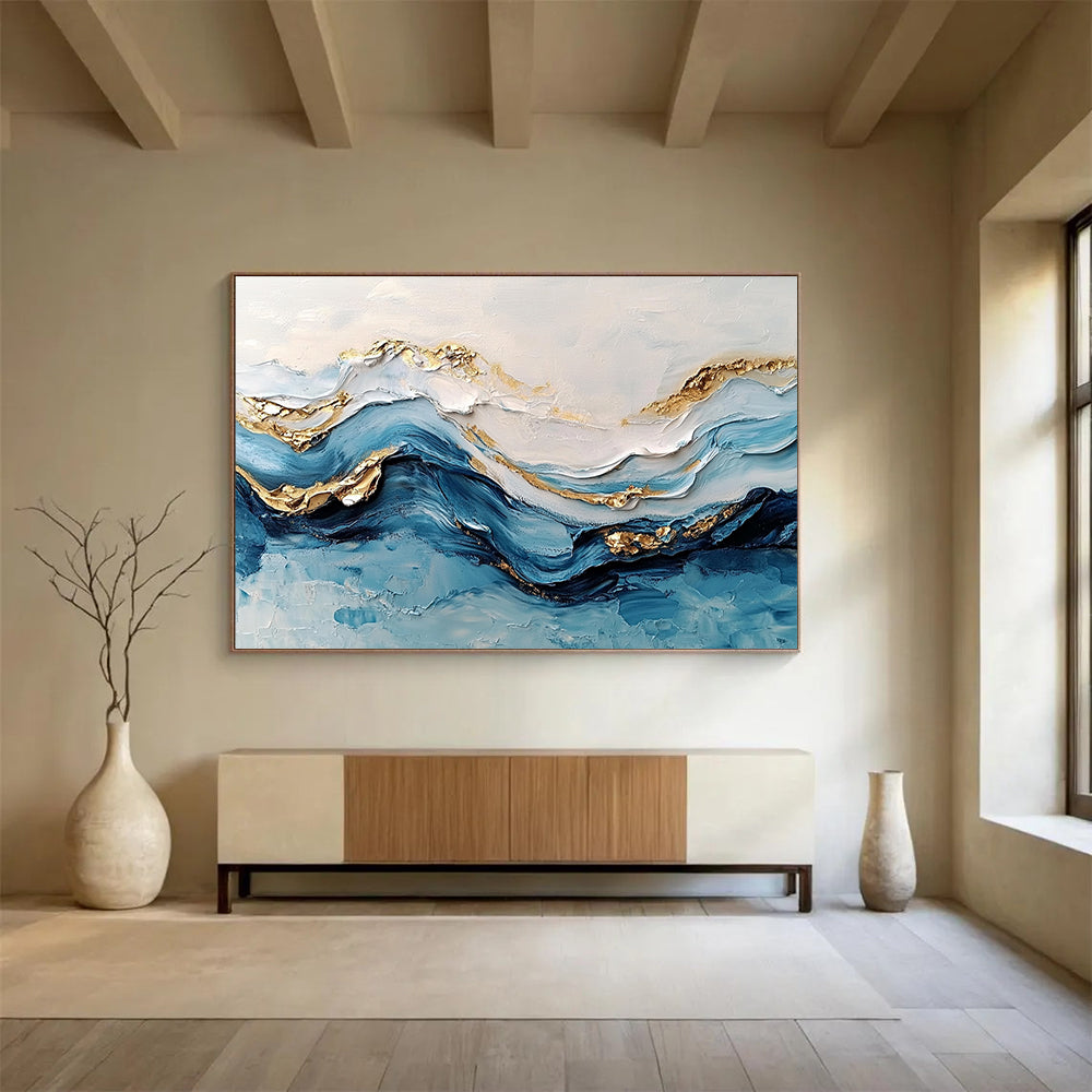 “3D Textured Wave Art” - Blue, White, Gold, 3D Textured Wave Painting On Canvas HB0972