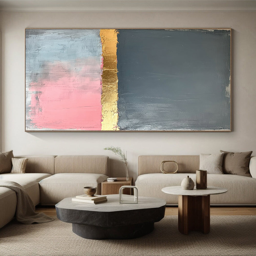 Gray, Gold, Pink, Blue, Horizontal Layers "Gilded Color Divide" Abstract Hard - Edge Painting On Canvas HB165