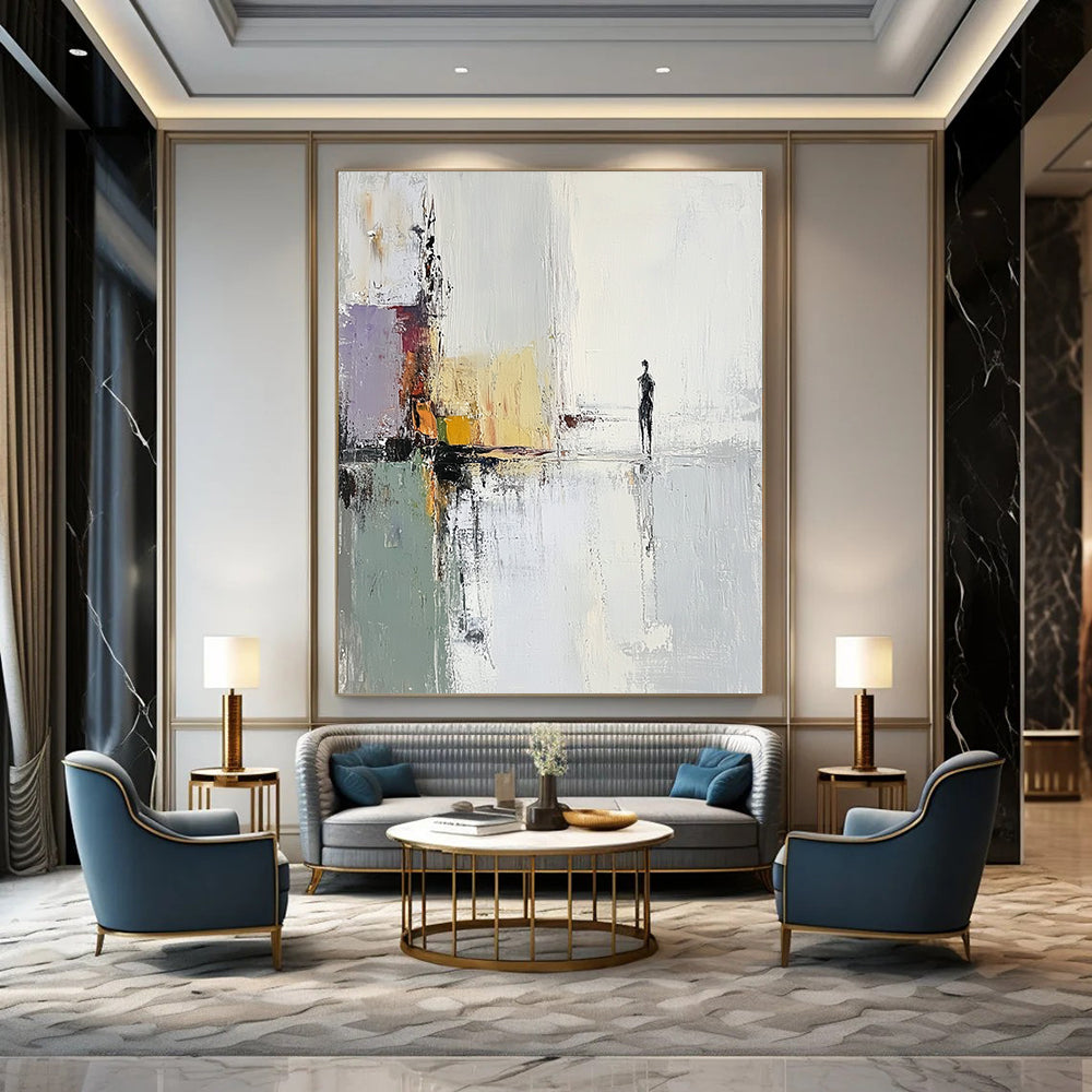 Large contemporary hand-painted abstract artwork featuring a woman by the water with soft tones and impressionist brushstrokes for a serene atmosphere. DLZ1397