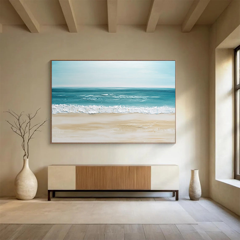“Minimalist Beach” - Soft Blues, Beiges, Whites, Calm Beach Scene - Impasto Oil Painting HB1745