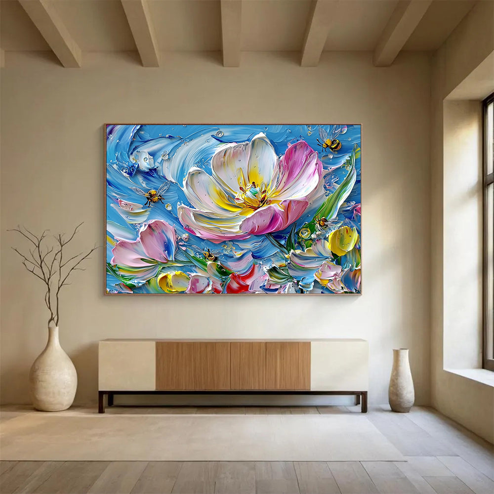 3D Textured Flower with Bees on Blue - Impasto Floral Painting On Canvas HB0447