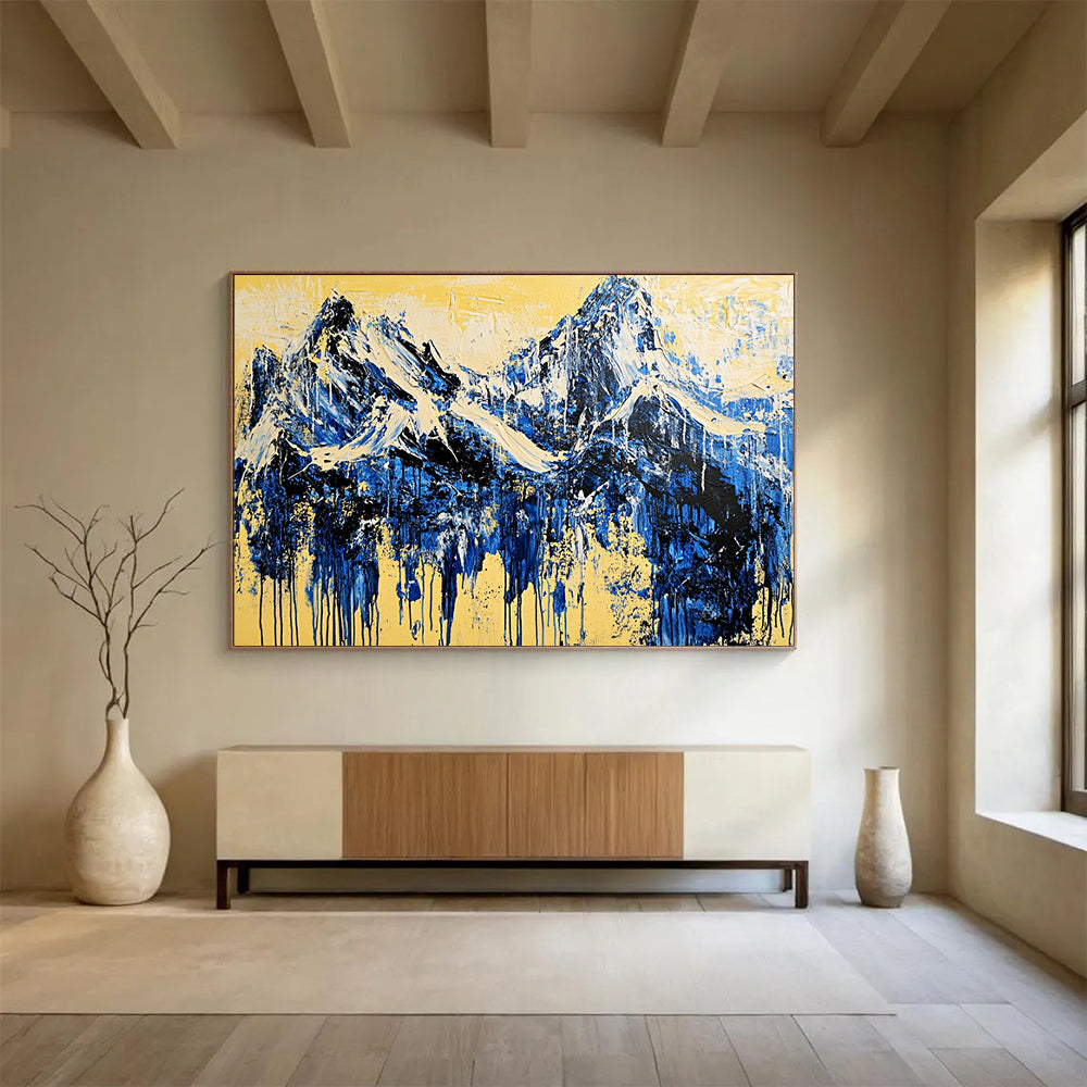 “Mountain Streams of Blue and Yellow” - Blue, yellow; Abstract mountain peaks; Drip - style Acrylic Painting On Canvas HB1187