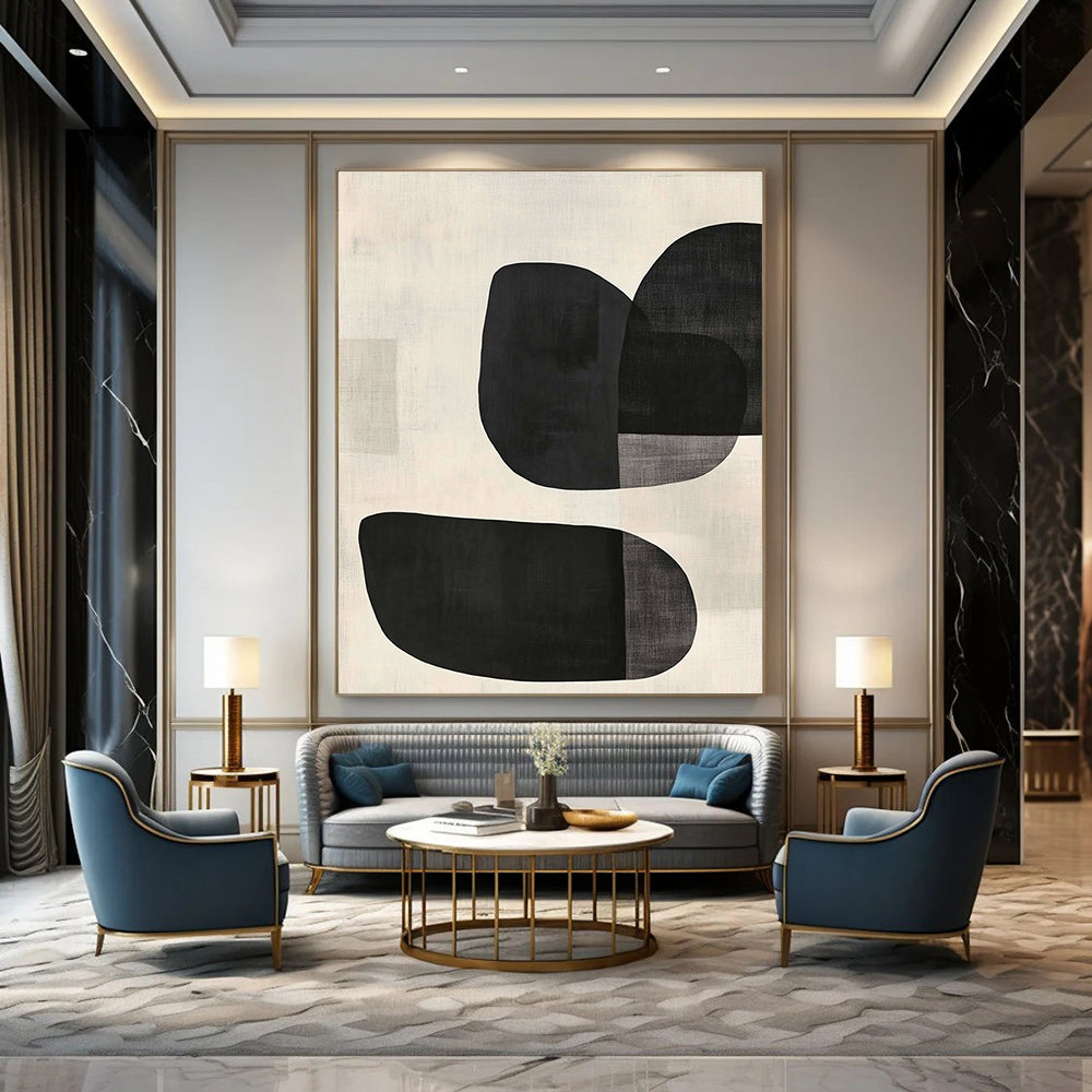 Large contemporary hand-painted abstract artwork features minimalist black and white design with curved oval shapes and textured background in soft tones. DLZ1338