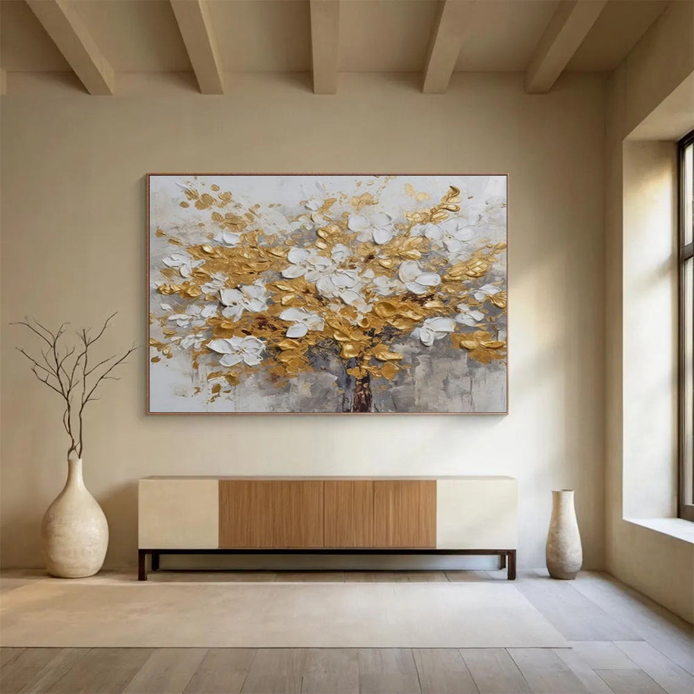 Gold & White Flower Tree - Elegant Living Room or Bedroom Art DLZ246