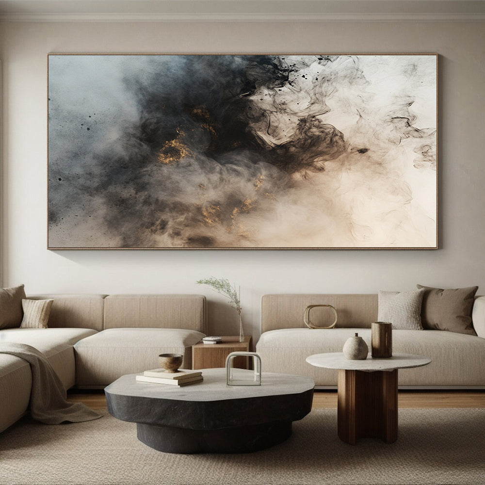 Black, Gray, White, Gold, Smoke - like Swirls "Mystic Mist" Abstract Ink - Inspired Painting On Canvas HB042