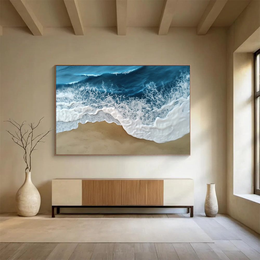 “Textured Ocean Waves” - Blue, White, Beige, 3D - Like Seascape Painting On Canvas HB0688