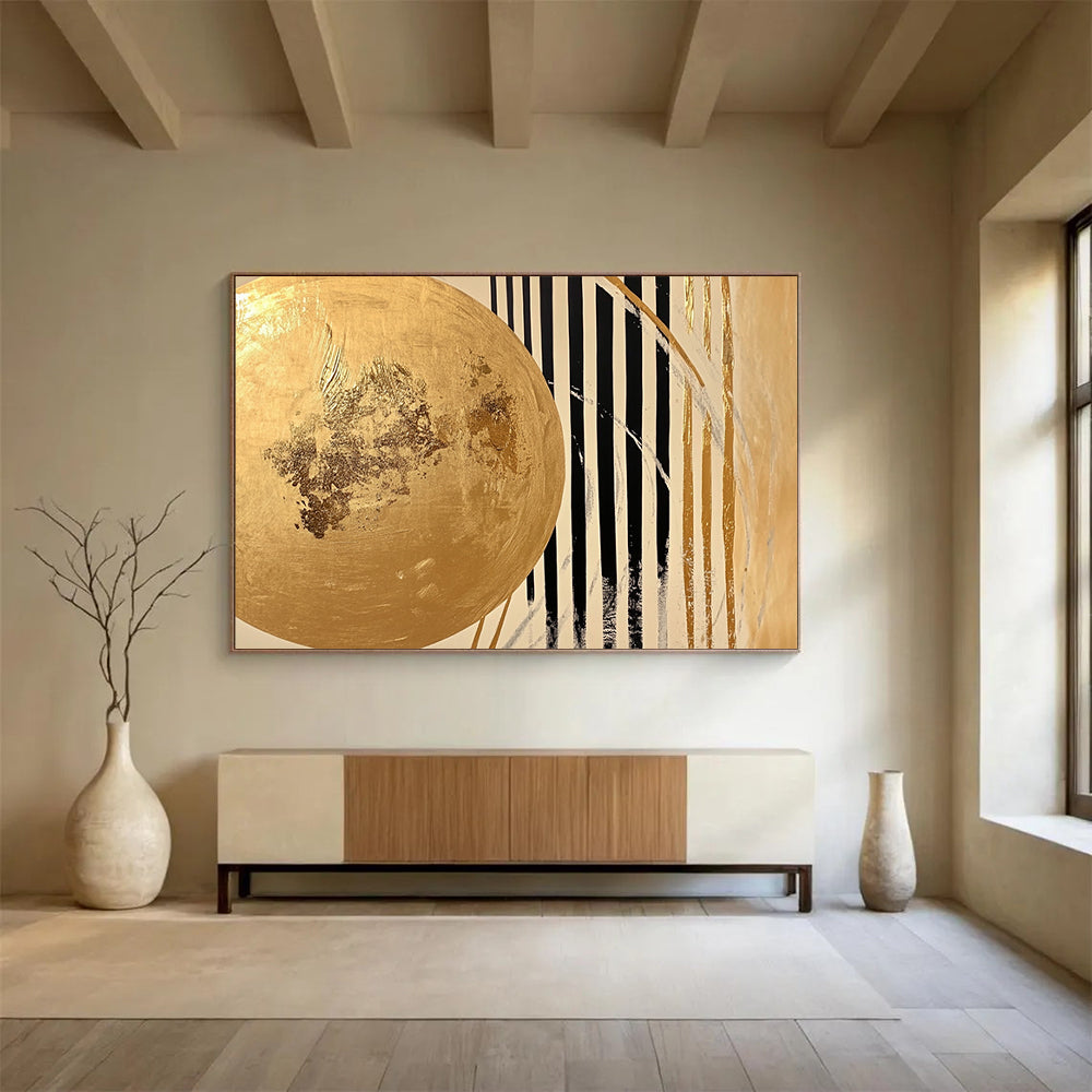 “Gold - Black Striped Abstract” - A gold circle with black and white stripes, Abstract Geometric Painting On Canvas HB0555