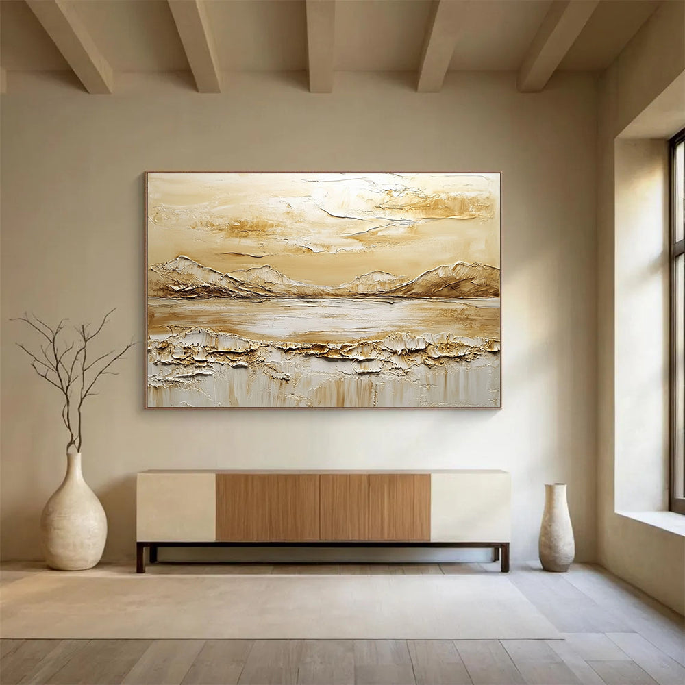 “Earthy Tones Textured Landscape” - Beige, Brown, White, 3D Mountain - Lake Abstract Painting On Canvas HB0982