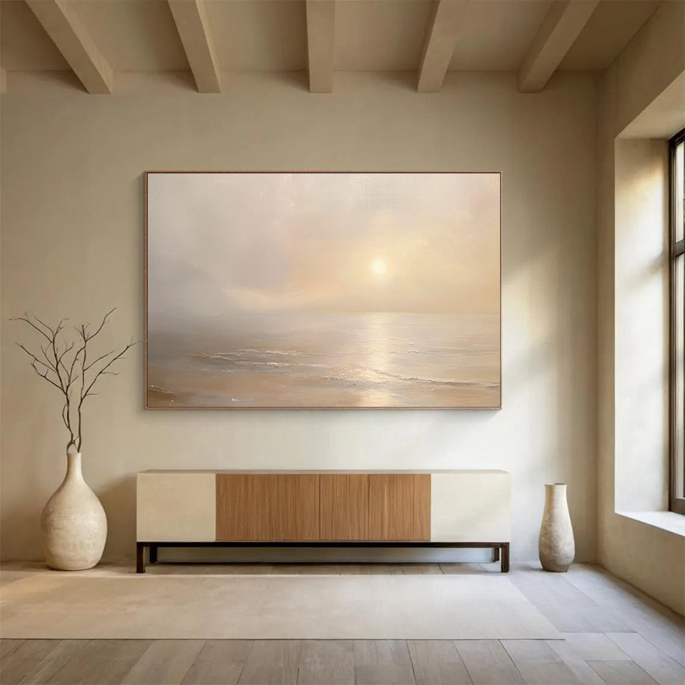“Misty Sea at Dawn” - Pale Beiges, Whites, Subtle Yellows, Foggy Ocean at Sunrise - Oil Painting HB1607