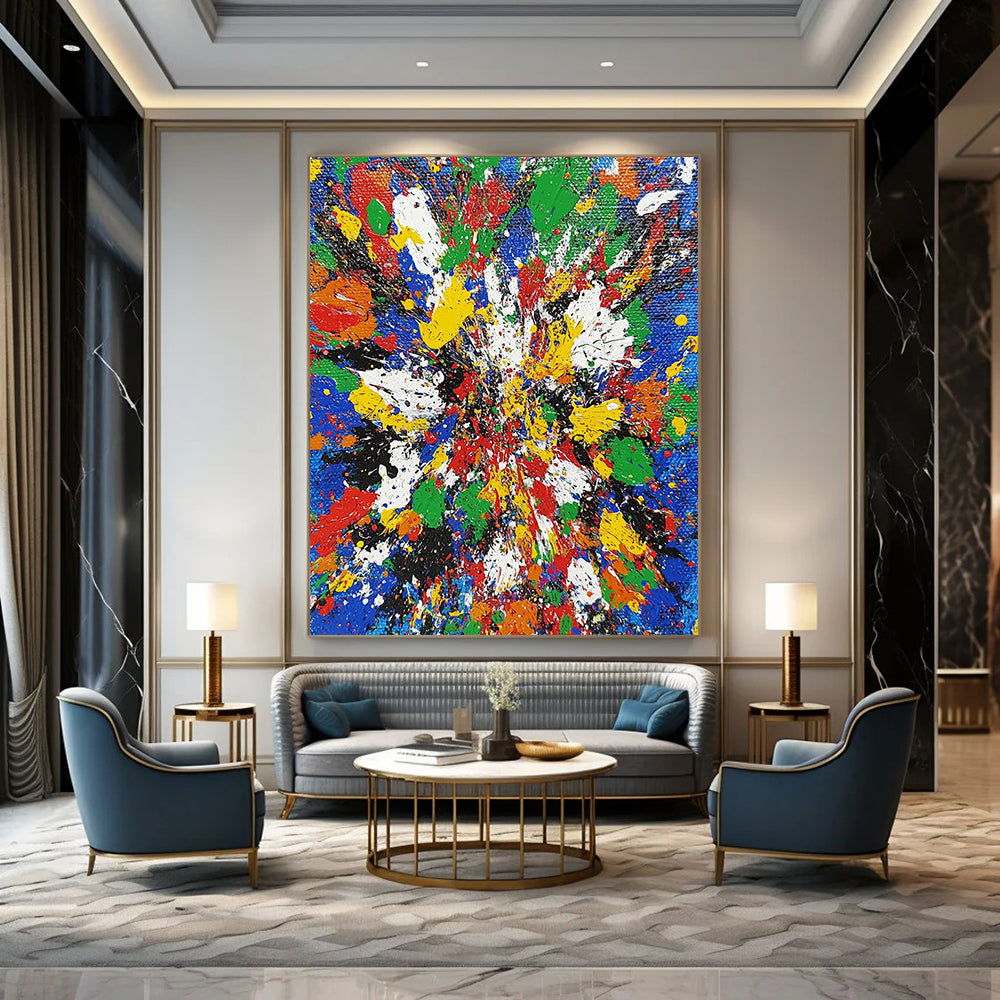 Vibrant contemporary abstract painting featuring chaotic splatters in bright primary colors showcasing dynamic brushstrokes and intricate textures. DLZ1407