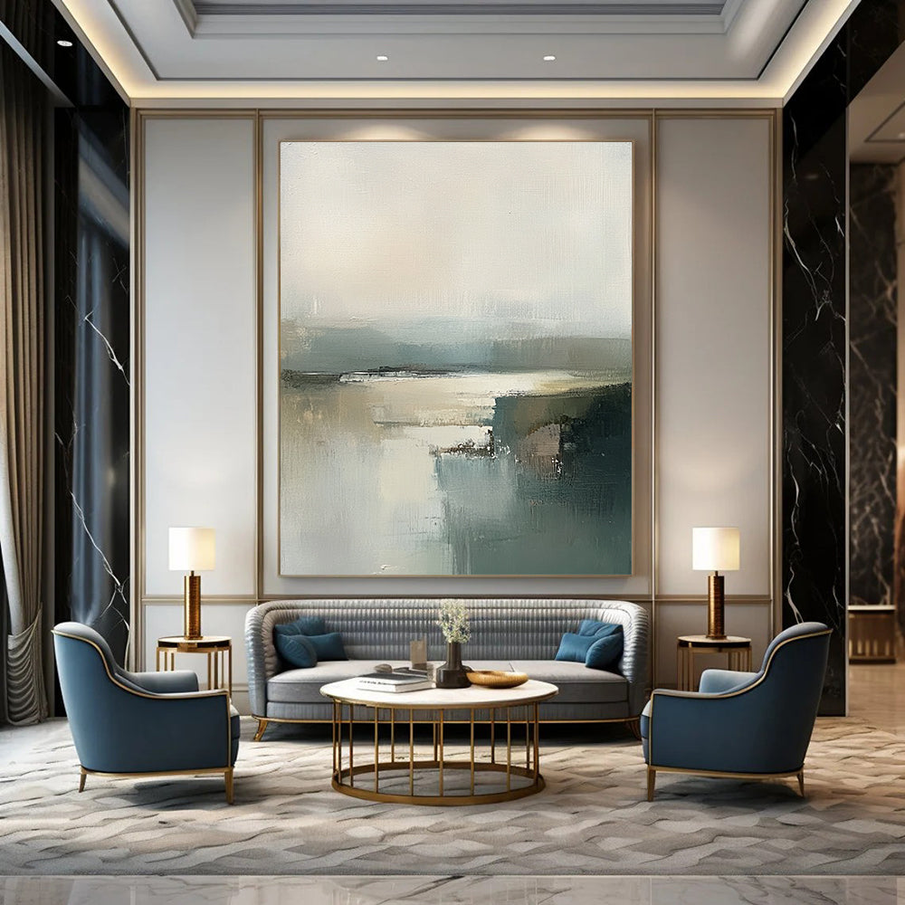Contemporary abstract art featuring an Irish landscape with expressive brush strokes in grey and green tones and a hazy neutral palette. DLZ0461